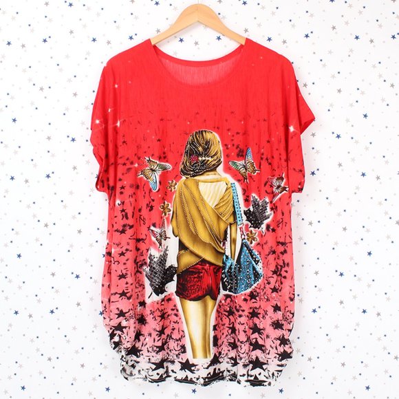 Rhinestone Graphic Top Red - Picture 1 of 7